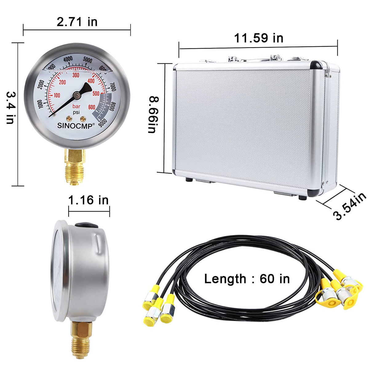Hydraulic Pressure Test Kit 3 gauges 25/40/60Mpa - Sinocmp