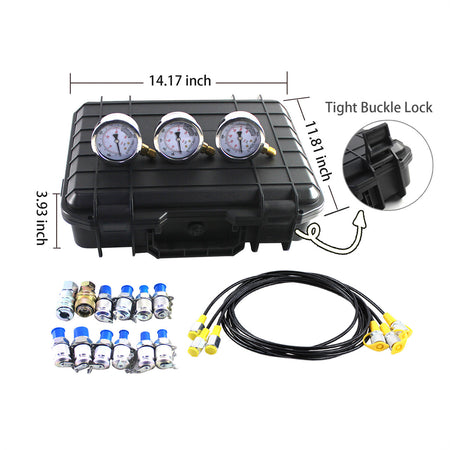 Hydraulic Pressure Test Kit 3 Gauges 25/40/60Mpa 12 Couplings for Excavators - Sinocmp