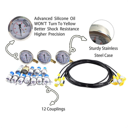 Hydraulic Pressure Test Kit 3 Gauges 25/40/60Mpa 12 Couplings for Excavators - Sinocmp