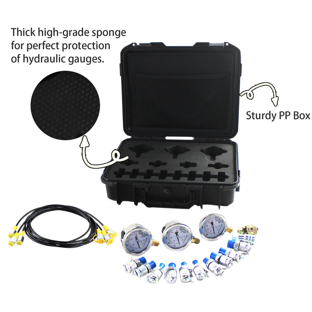 Hydraulic Pressure Test Kit 3 Gauges 25/40/60Mpa 12 Couplings for Excavators - Sinocmp