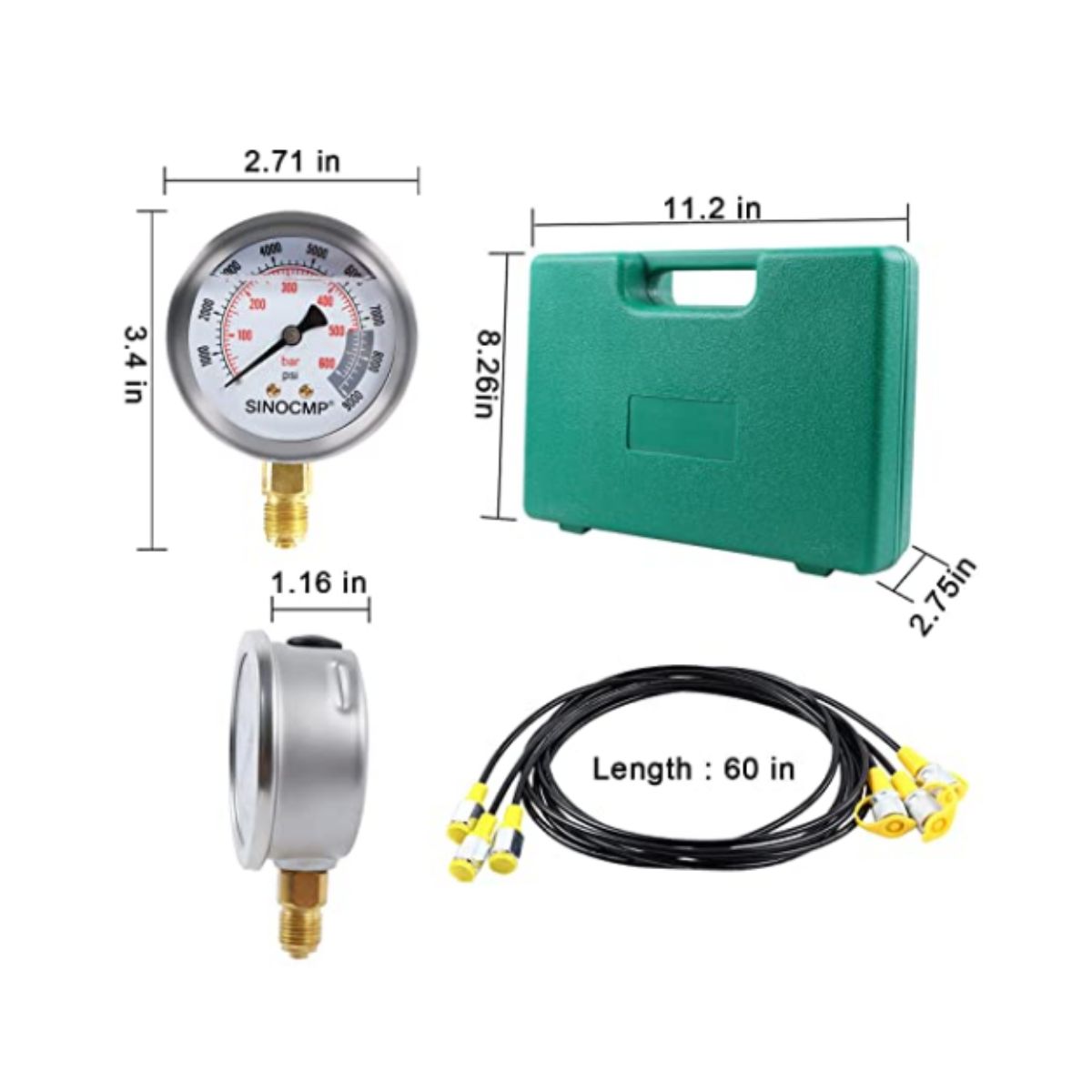 Hydraulic Pressure Test Kit 3 Gauges 25/40/60Mpa - Sinocmp