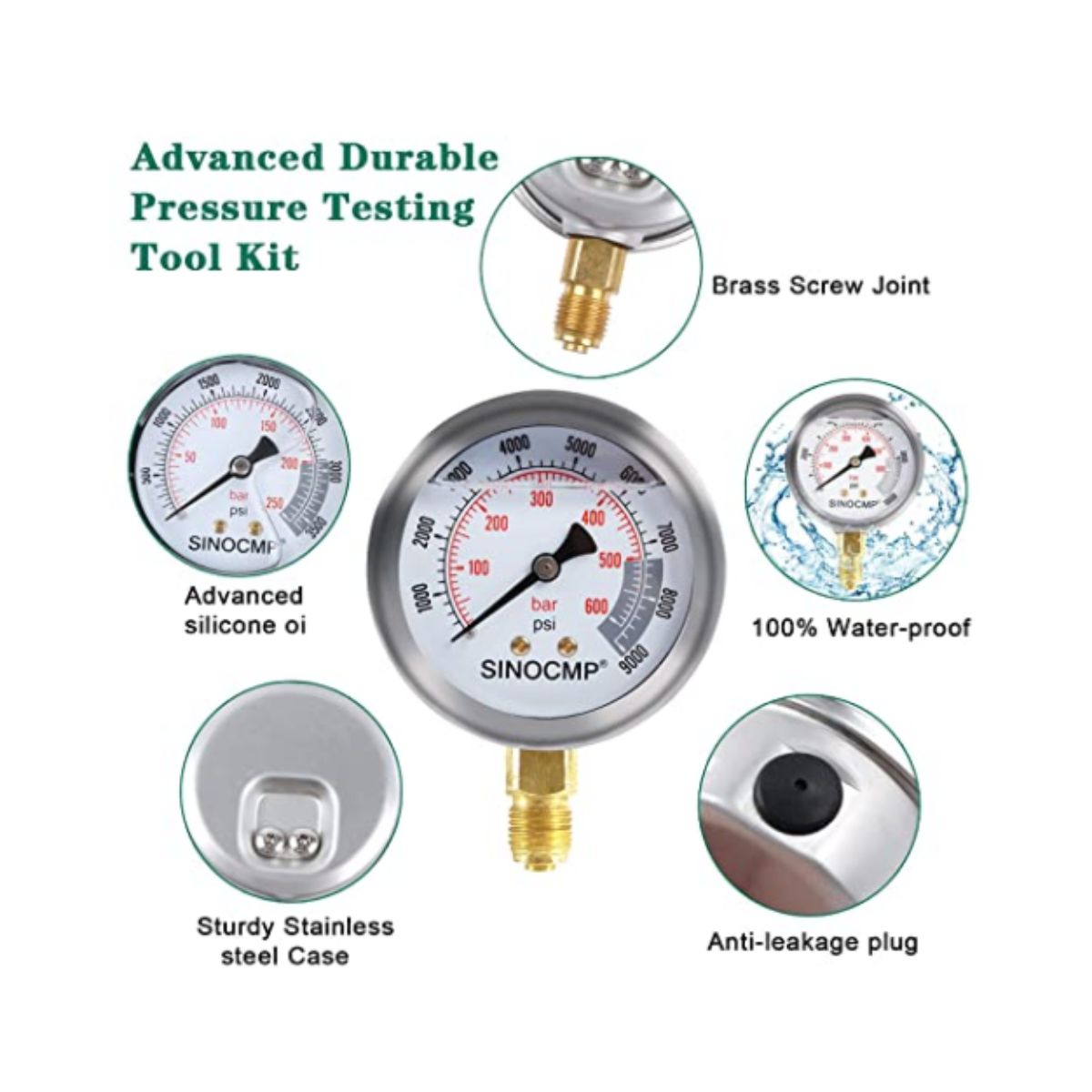 Hydraulic Pressure Test Kit 3 Gauges 25/40/60Mpa - Sinocmp