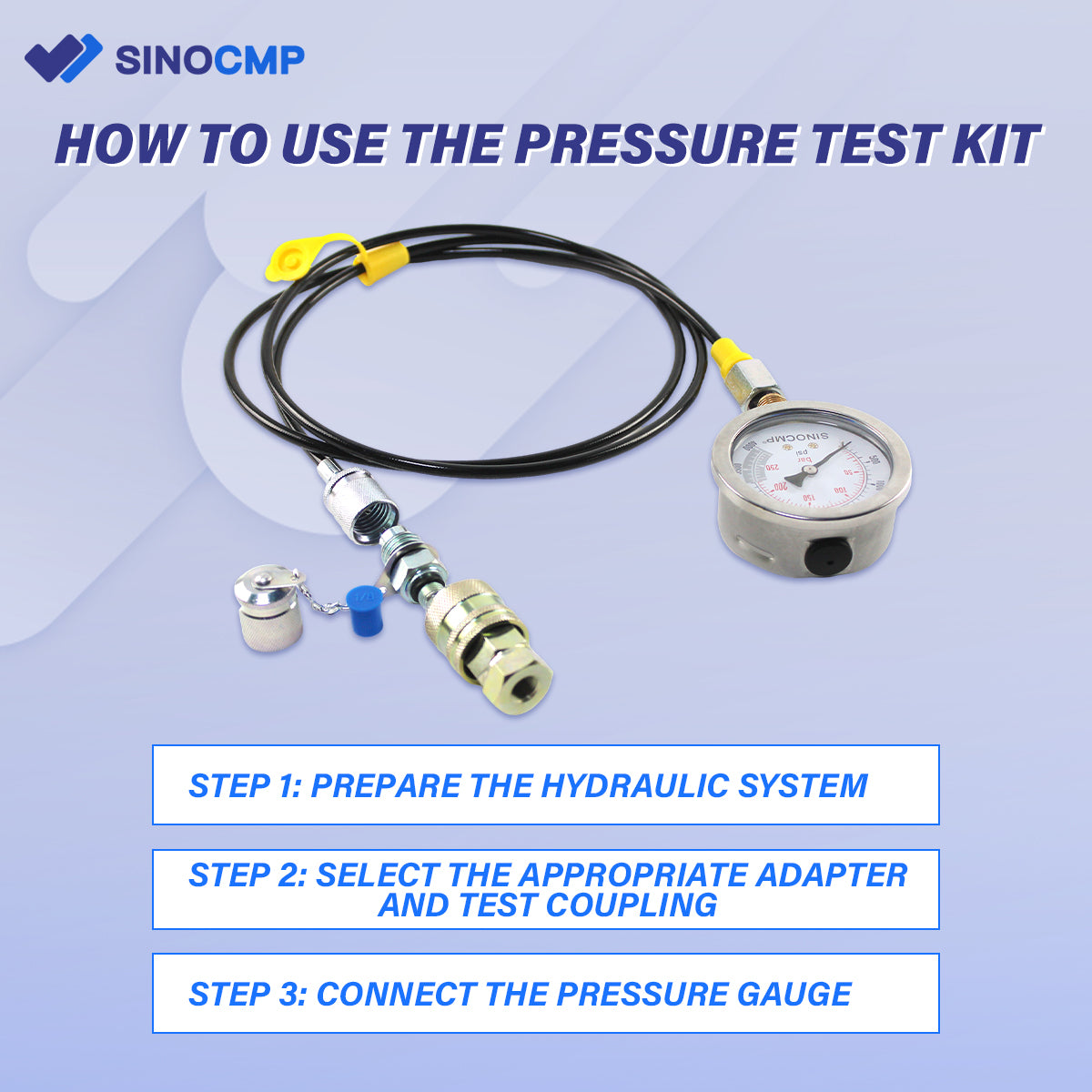 SINOCMP Hydraulic Pressure Test Kit 100/250/400/600 Bar 14 Couplings 4 Gauges for Construction Machinery - Sinocmp