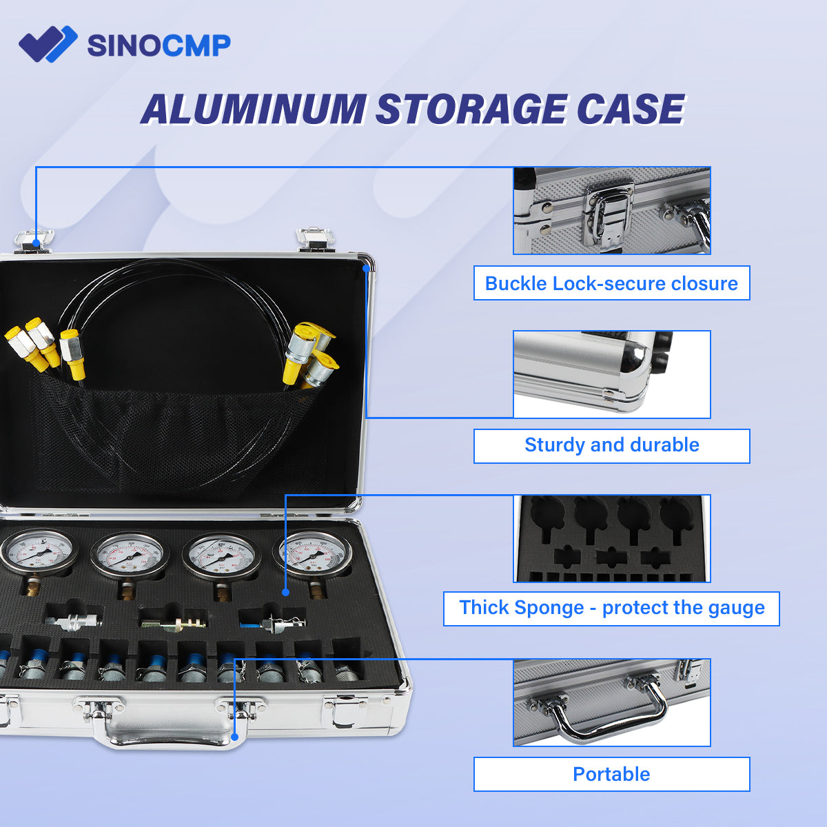 SINOCMP Hydraulic Pressure Test Kit 100/250/400/600 Bar 14 Couplings 4 Gauges for Construction Machinery - Sinocmp