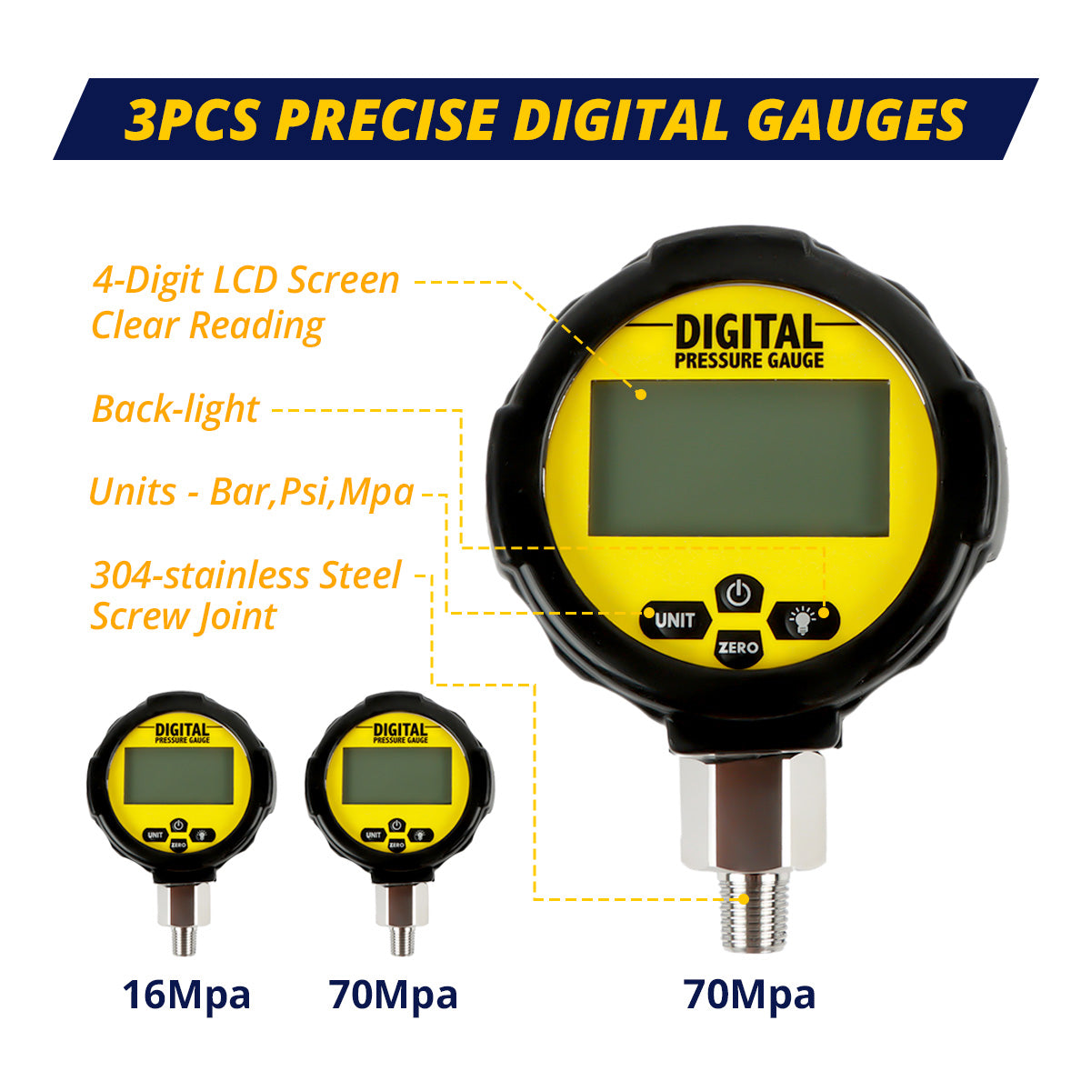 SINOCMP Digital Hydraulic Pressure Test Kit 70Mpa*2Gauge 16Mpa*1Gauge 22 Test Couplings 3 Test Hoses for Caterpillar John Deere Excavator Construction Machinery - Sinocmp