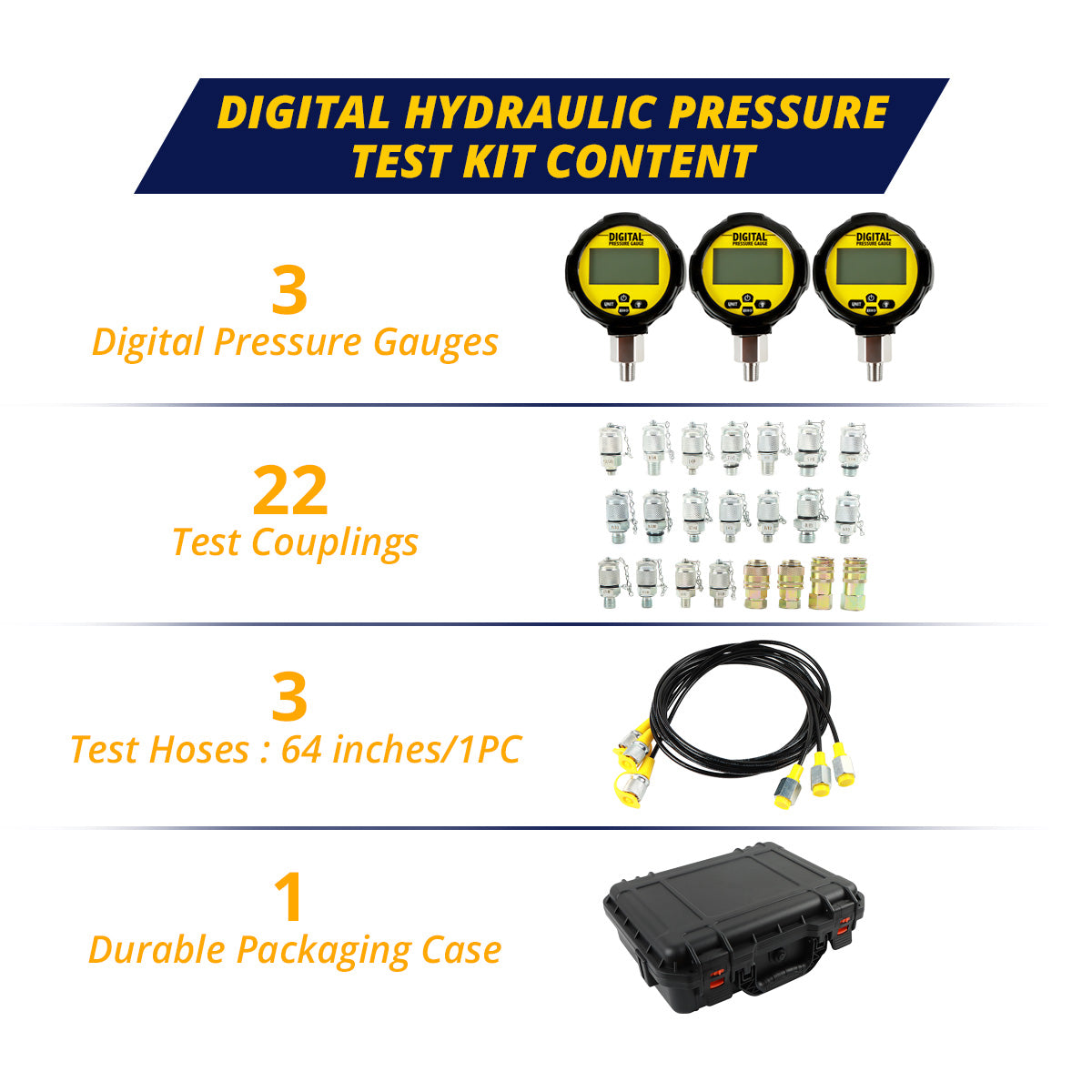 SINOCMP Digital Hydraulic Pressure Test Kit 70Mpa*2Gauge 16Mpa*1Gauge 22 Test Couplings 3 Test Hoses for Caterpillar John Deere Excavator Construction Machinery - Sinocmp