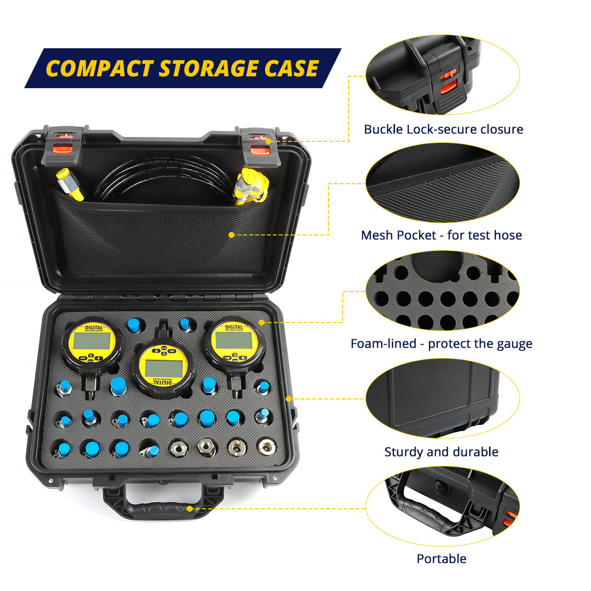 SINOCMP Digital Hydraulic Pressure Test Kit 70Mpa*2Gauge 16Mpa*1Gauge 22 Test Couplings 3 Test Hoses for Caterpillar John Deere Excavator Construction Machinery - Sinocmp