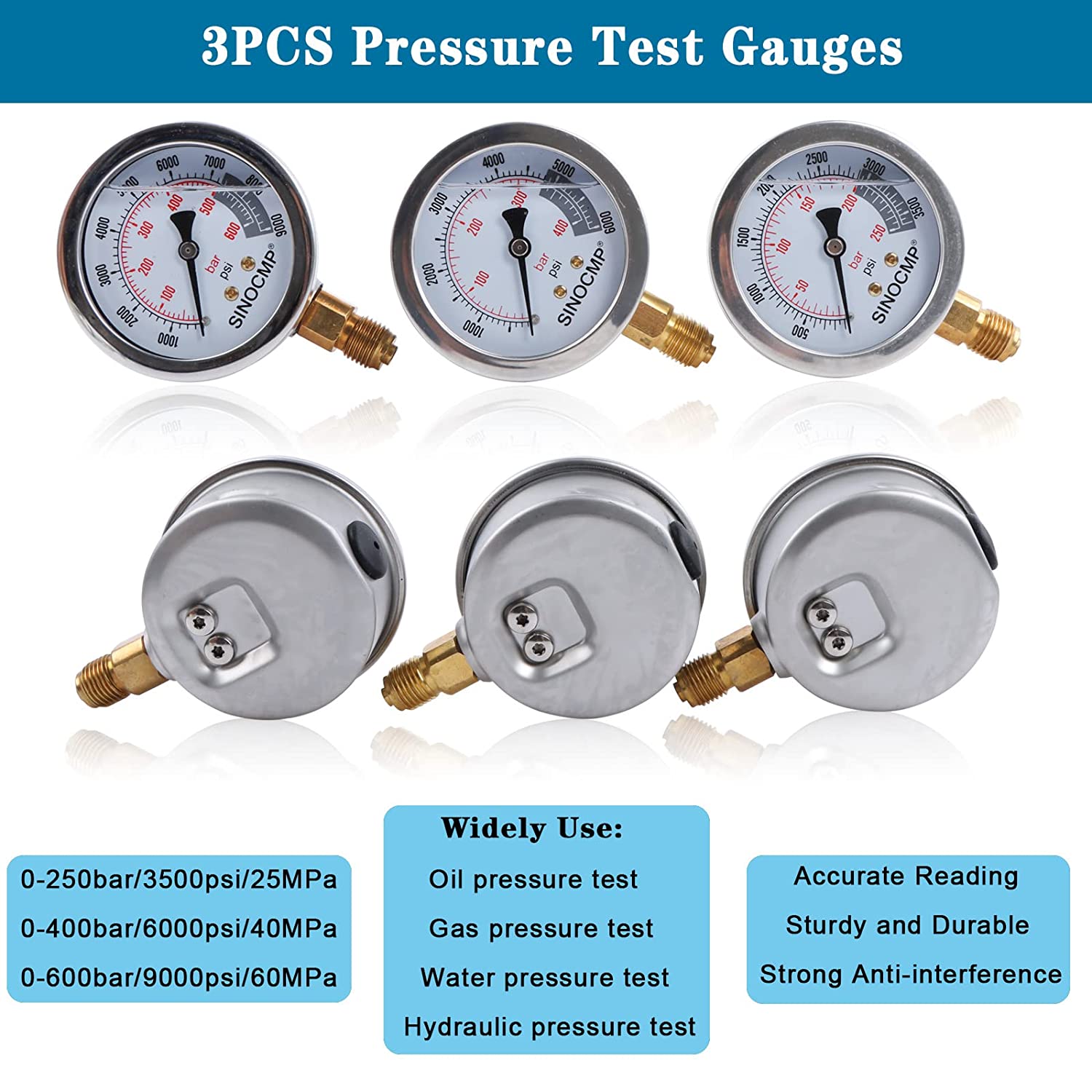 Hydraulic Pressure Test Kit 3 gauges 25/40/60Mpa - Sinocmp