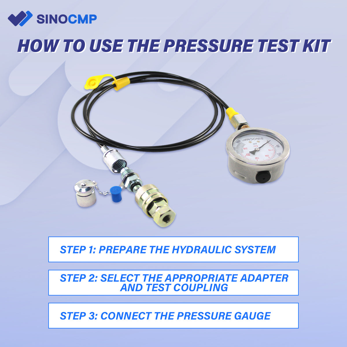 SINOCMP Hydraulic Pressure Gauge Test Kit (10/25/40/60MP) With Quick Adapter For Caterpillar Equipment