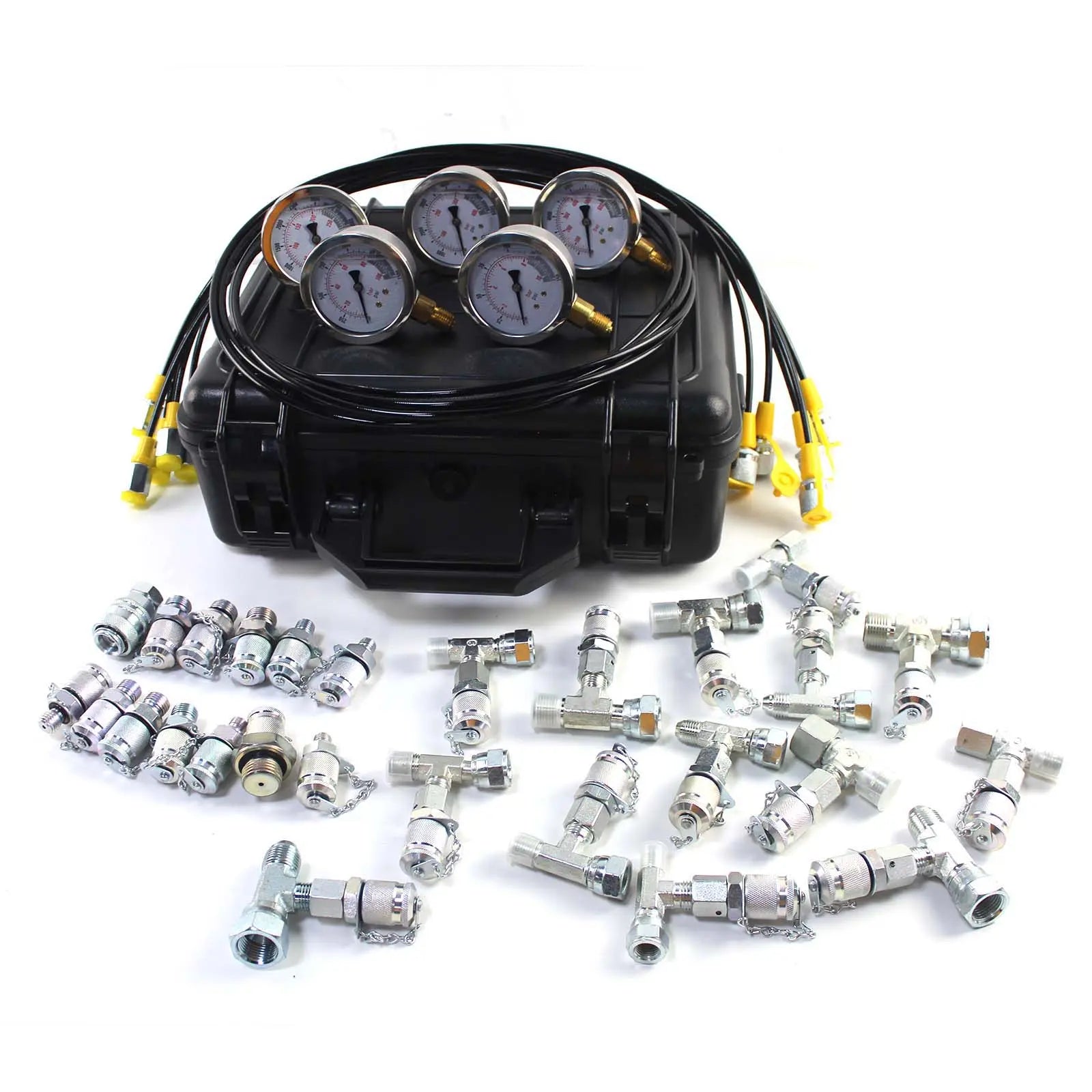 BESTHOMEPRO Hydraulic Pressure Test Kit – 5 Gauges, 5 Hoses, 13 Couplings, 14 Tees – Model YLB-3T